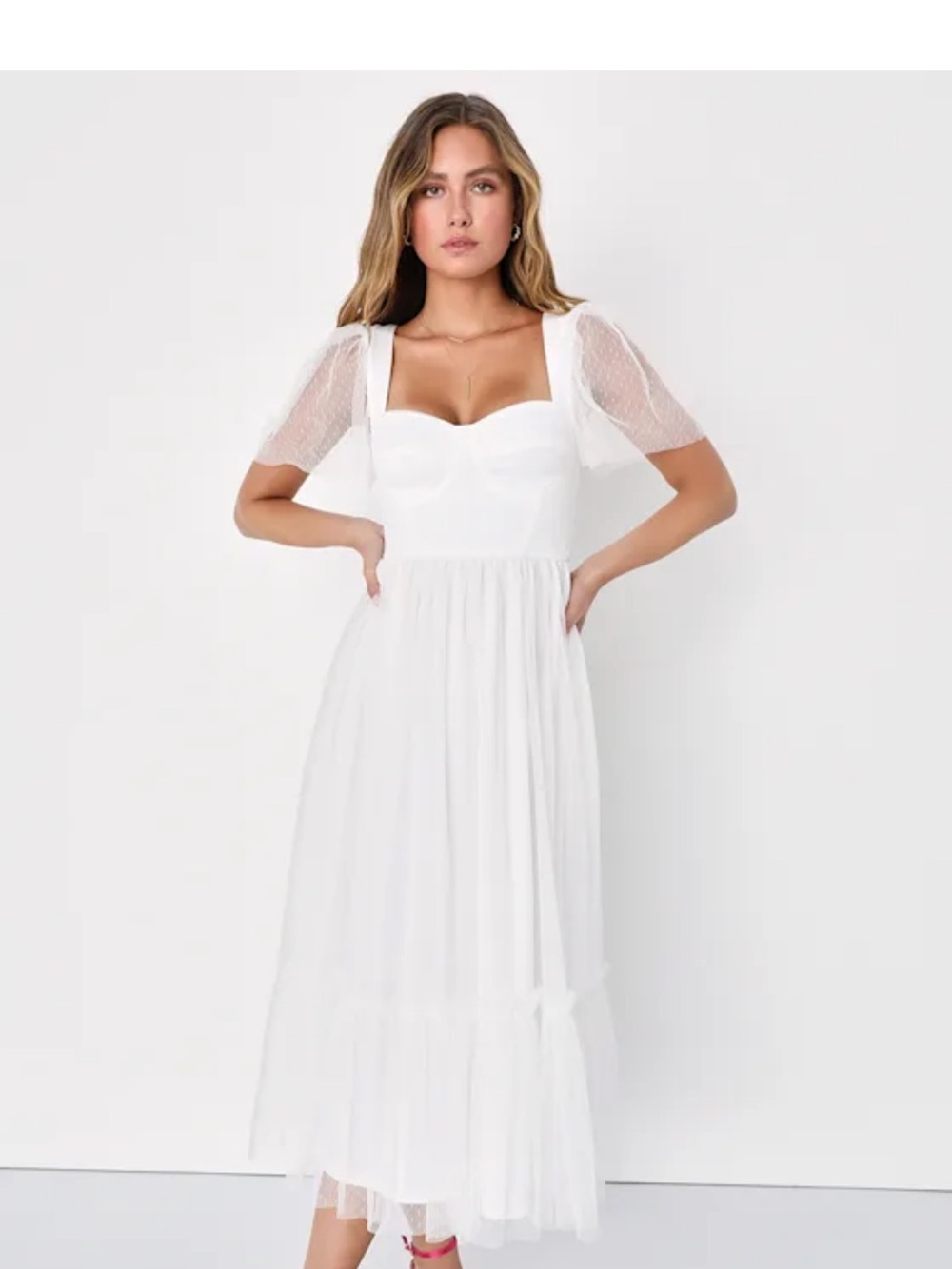 Lulu’s Elegant White Puff Sleeve Midi Dress (Never Worn)